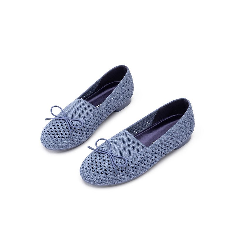 Bow Hollow Mesh Knit Round Toe Low Heel Flats – Breathable Summer Work Shoes