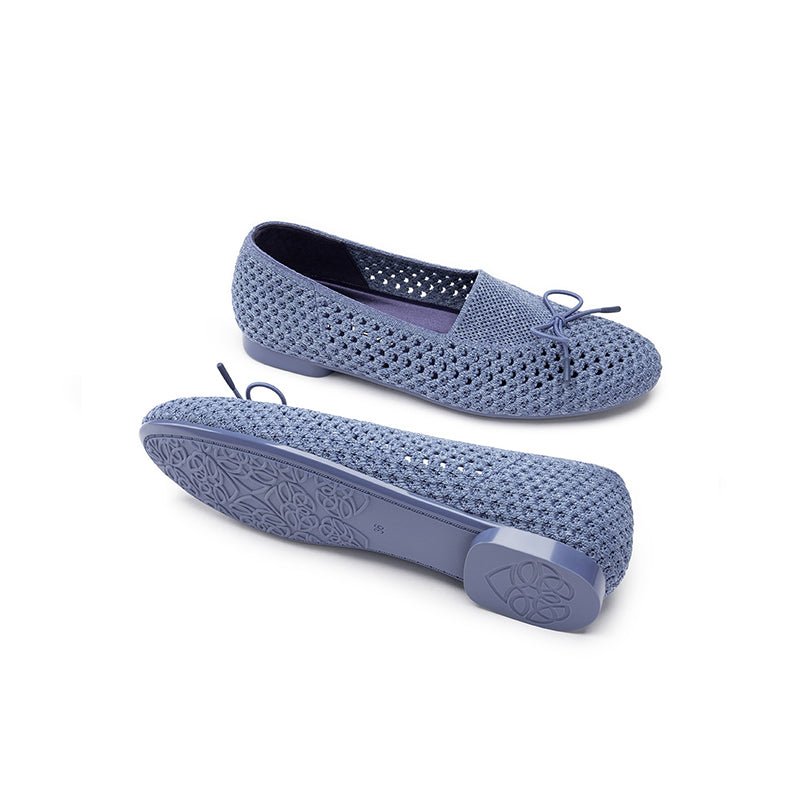 Bow Hollow Mesh Knit Round Toe Low Heel Flats – Breathable Summer Work Shoes