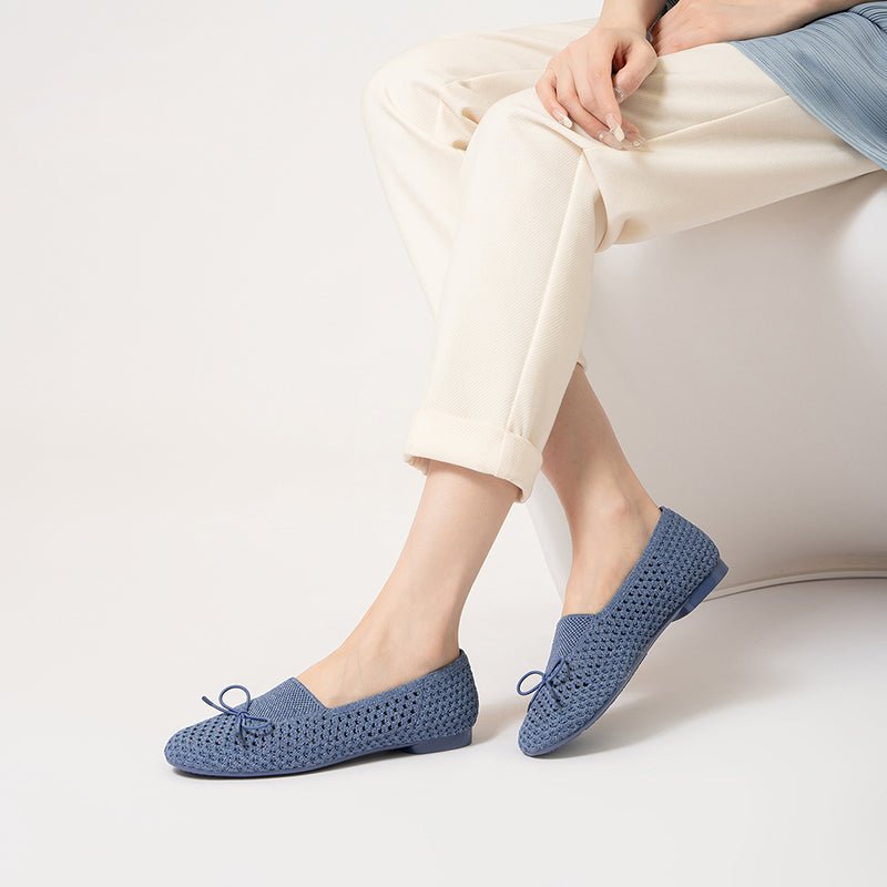 Bow Hollow Mesh Knit Round Toe Low Heel Flats – Breathable Summer Work Shoes