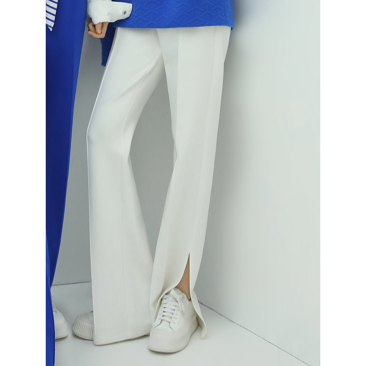 breathable casual flared pants with side slits all white 1