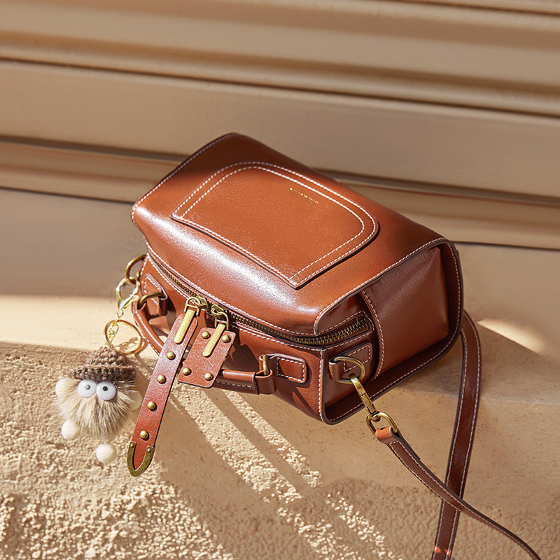 brown leather casual boston bag all 3