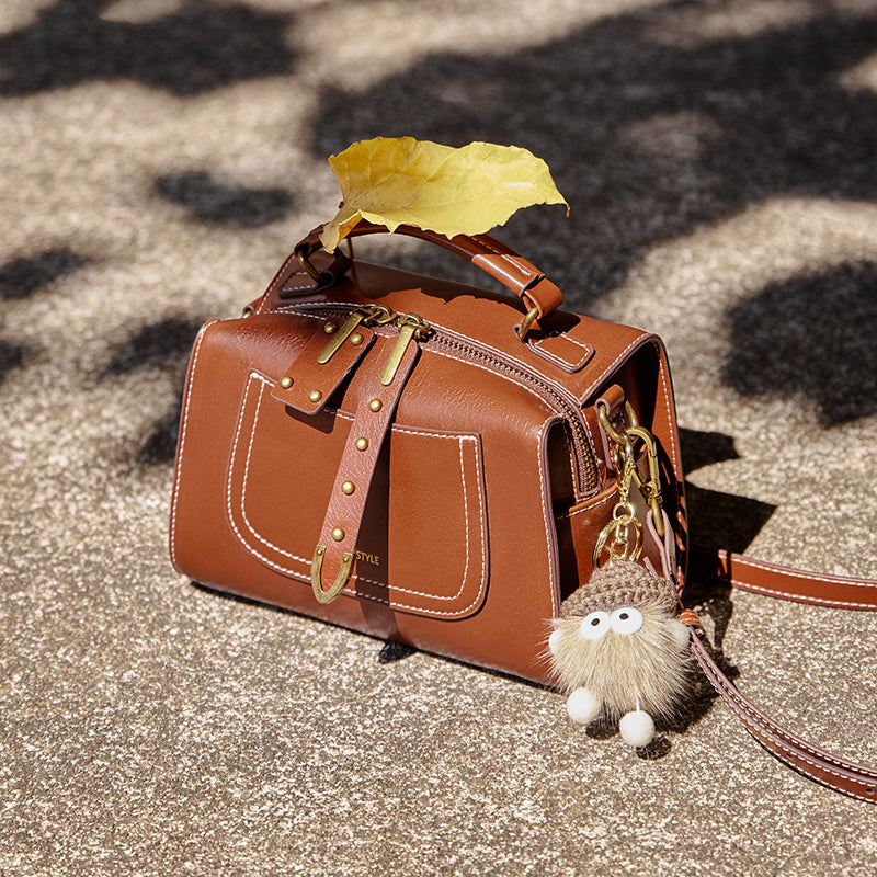 brown leather casual boston bag all 4