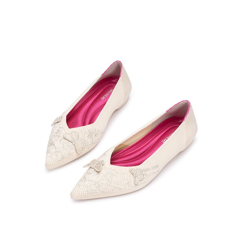 Butterfly Floral Knit Pointed Toe Ballet Flats – Eco Slip-On Dress Shoes