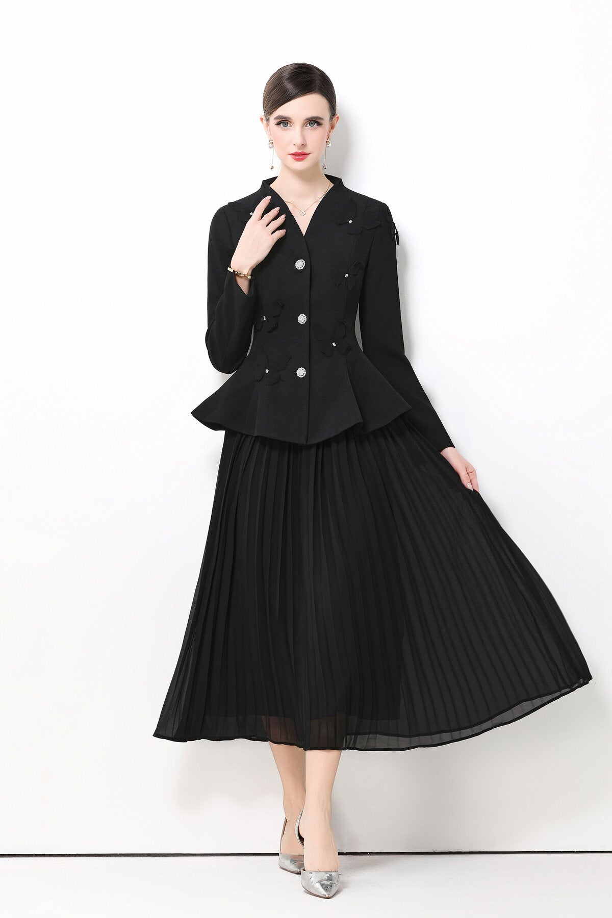 3D Butterfly Peplum Jacket & Pleated Skirt Set