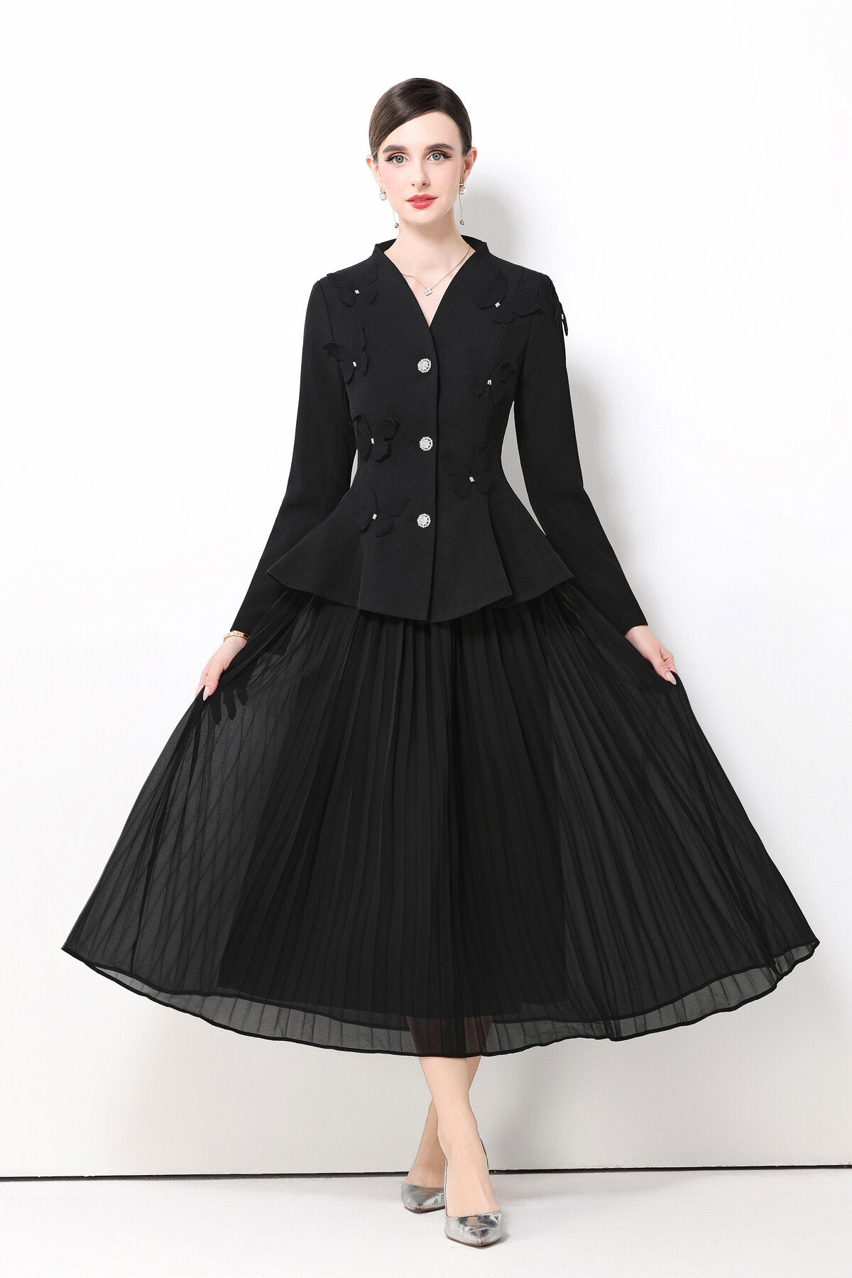 3D Butterfly Peplum Jacket & Pleated Skirt Set