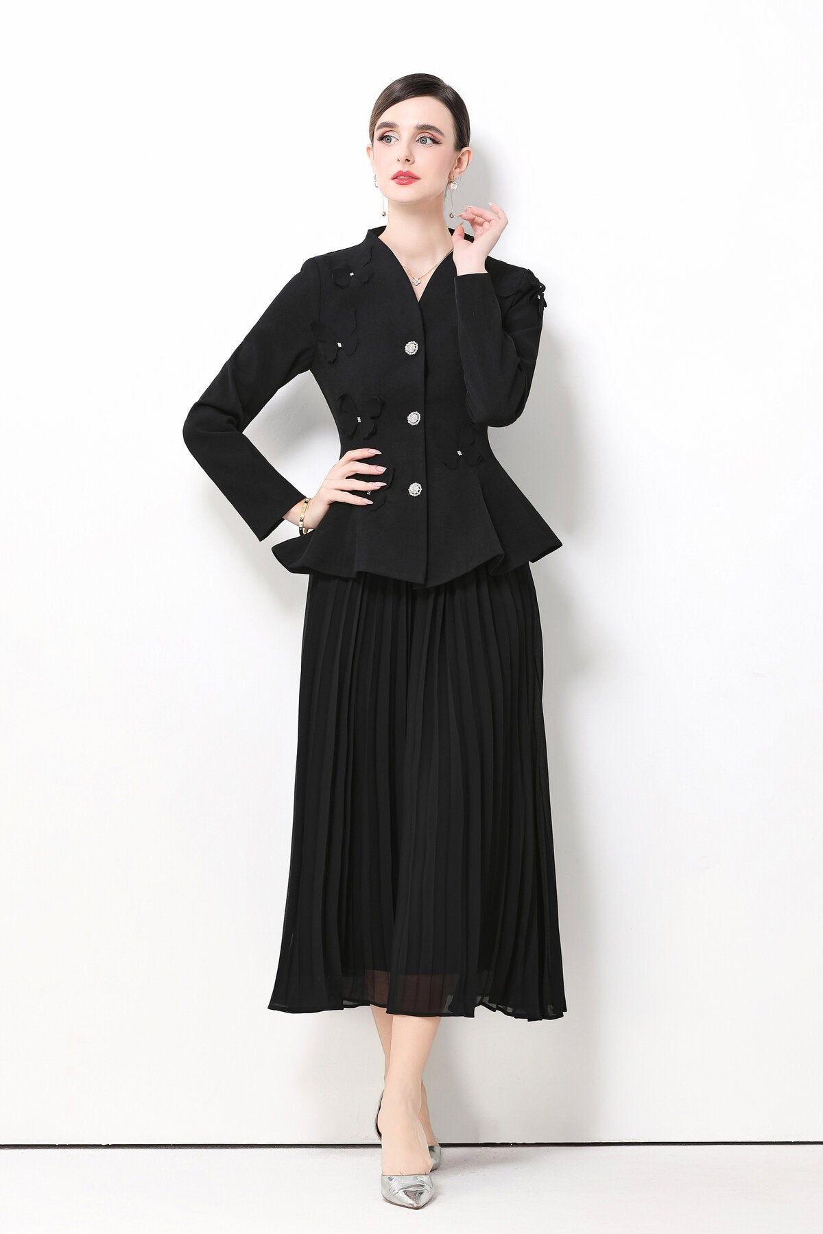 3D Butterfly Peplum Jacket & Pleated Skirt Set