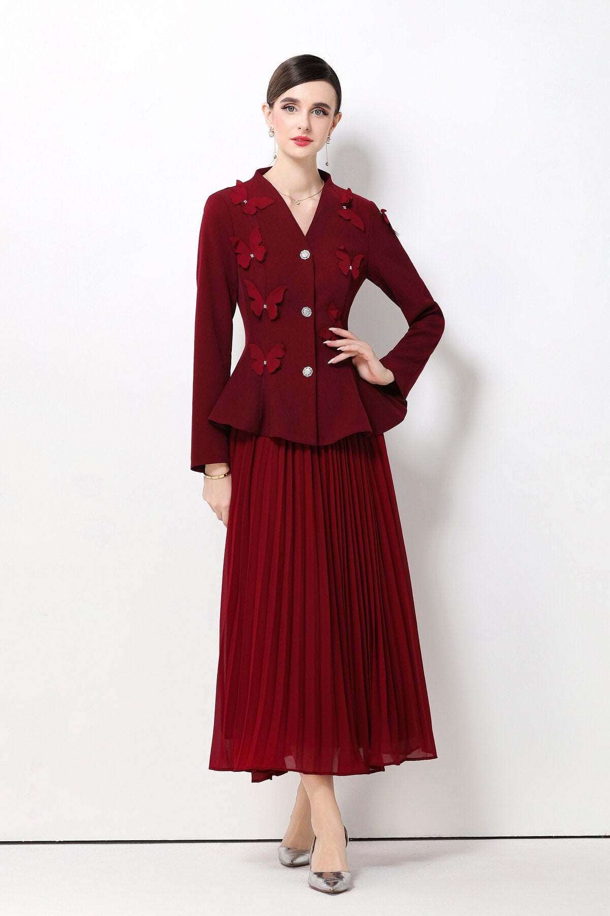3D Butterfly Peplum Jacket & Pleated Skirt Set