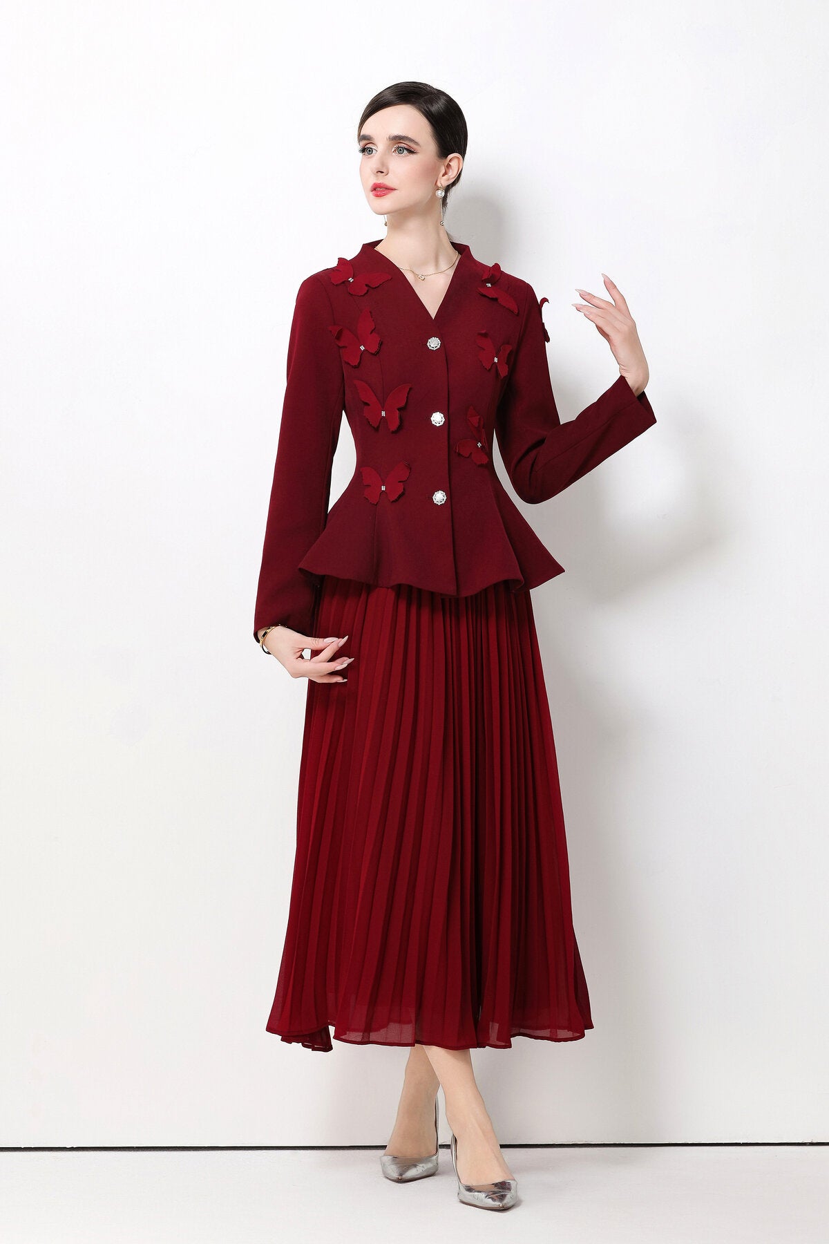 3D Butterfly Peplum Jacket & Pleated Skirt Set