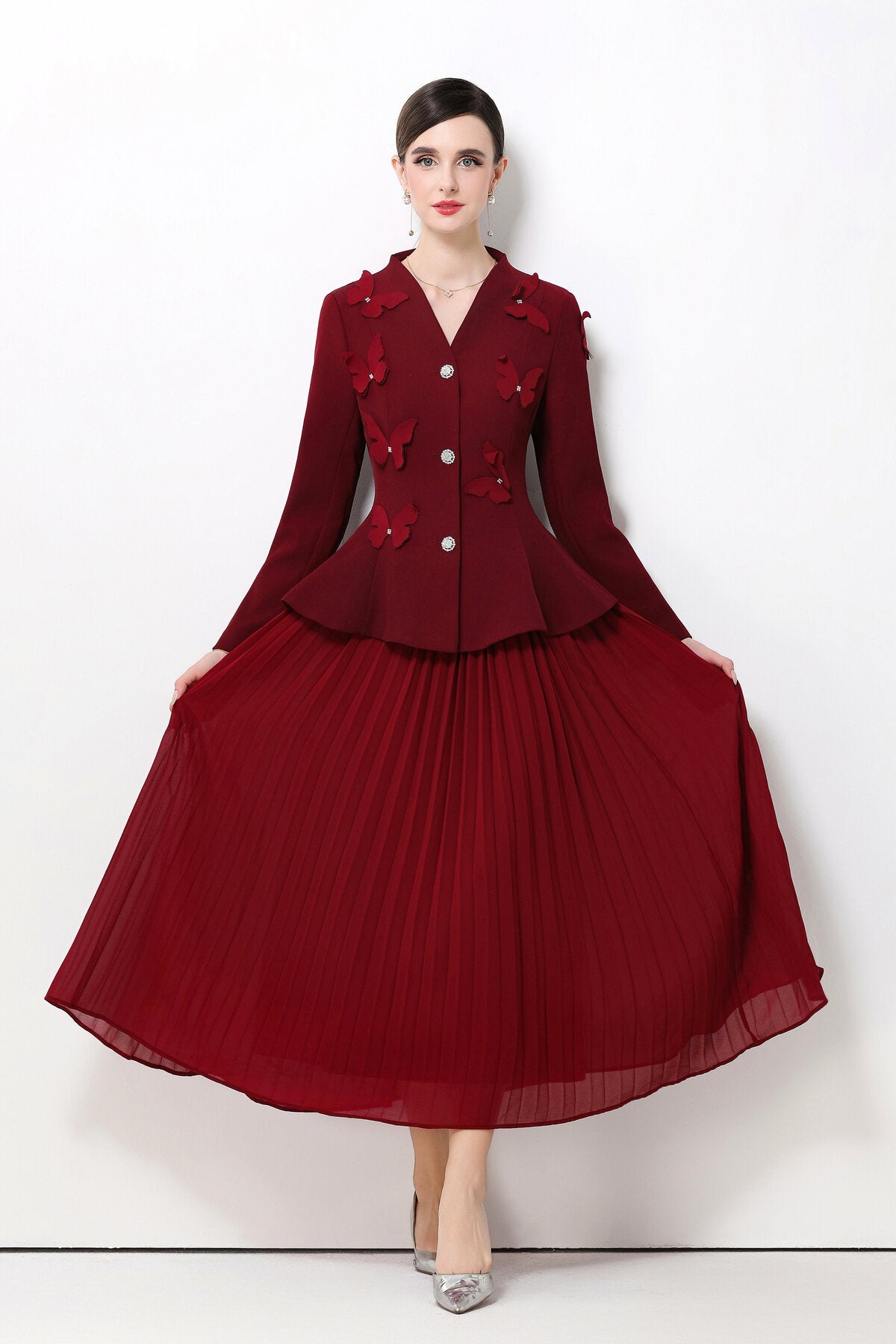 3D Butterfly Peplum Jacket & Pleated Skirt Set