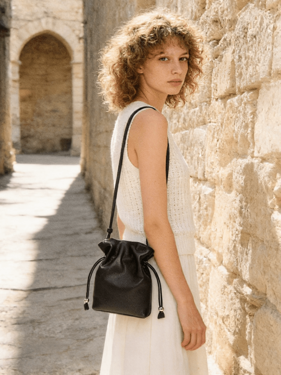 Soft Calfskin Drawstring Bucket Bag – Mini Crossbody Purse with Ruched Opening
