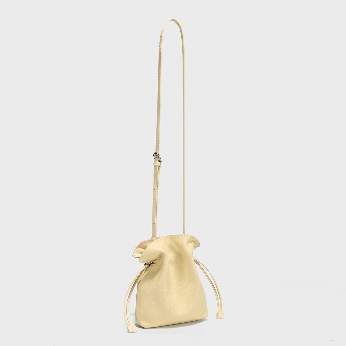 Soft Calfskin Drawstring Bucket Bag – Mini Crossbody Purse with Ruched Opening