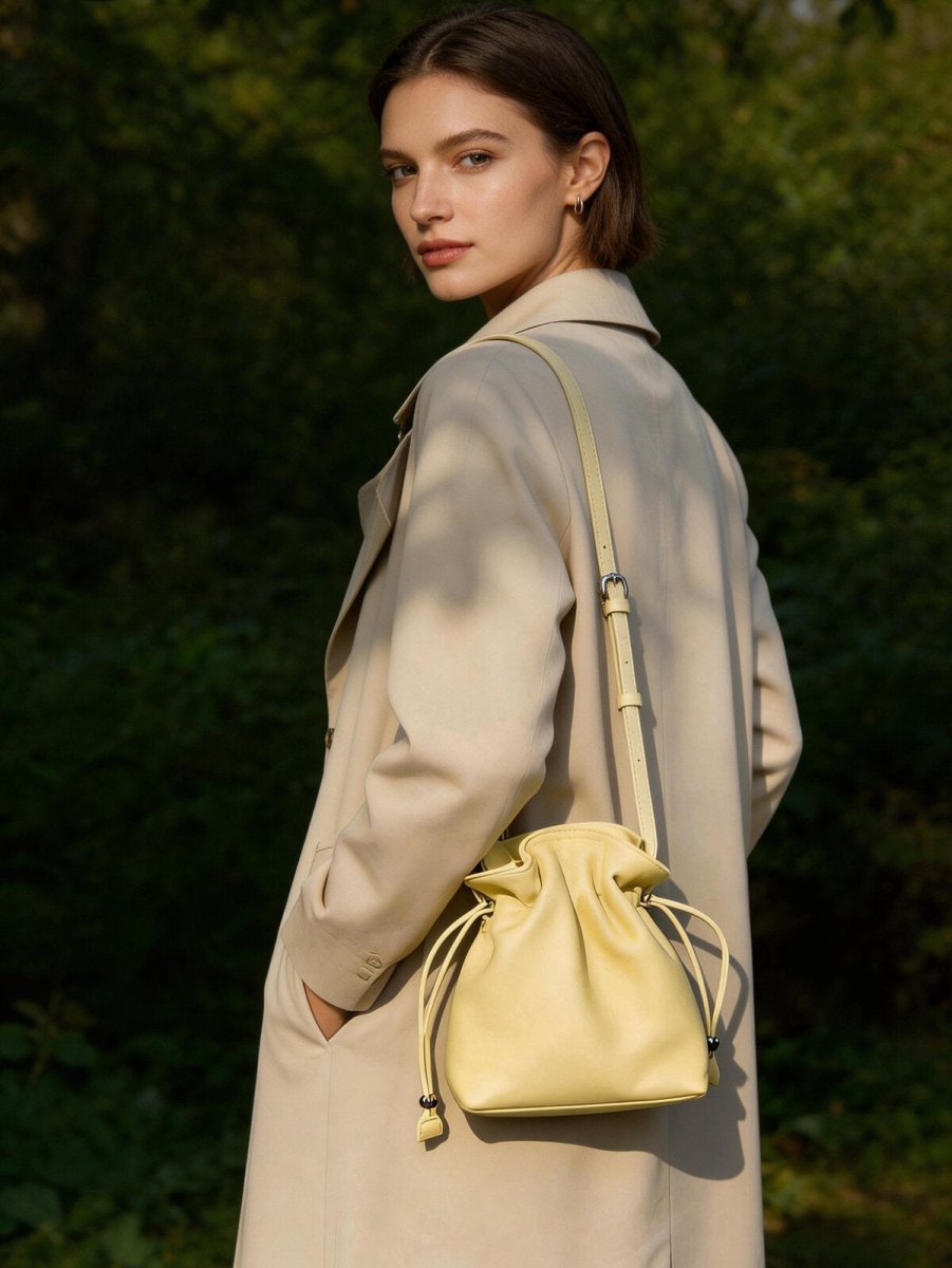 Soft Calfskin Drawstring Bucket Bag – Mini Crossbody Purse with Ruched Opening