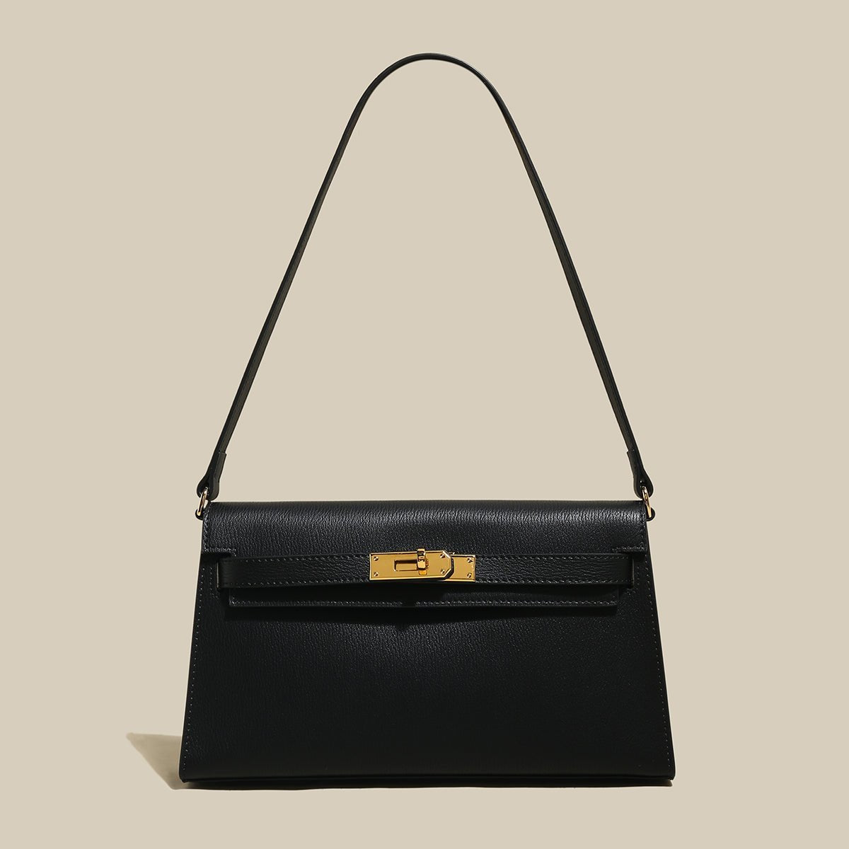 Camille Palm-Grain Calfskin Shoulder Bag – Structured Minimalist Handbag with Gold Twist-Lock Closure
