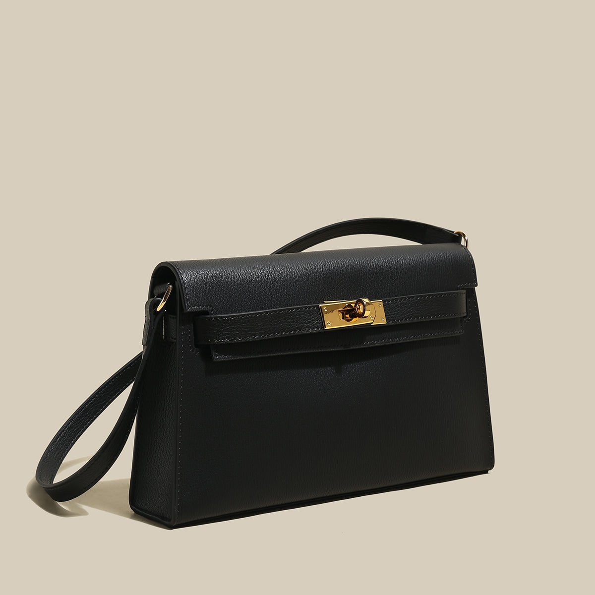 Camille Palm-Grain Calfskin Shoulder Bag – Structured Minimalist Handbag with Gold Twist-Lock Closure