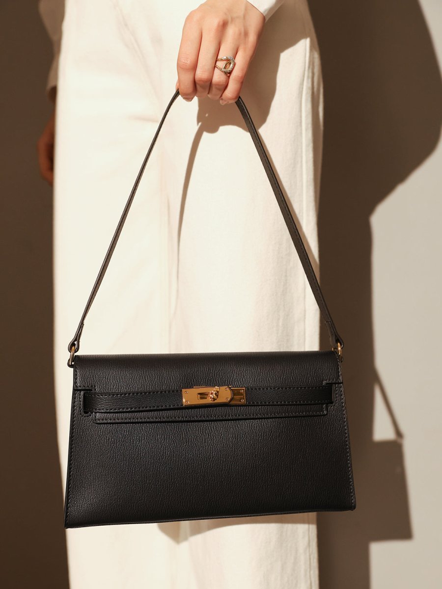 Camille Palm-Grain Calfskin Shoulder Bag – Structured Minimalist Handbag with Gold Twist-Lock Closure