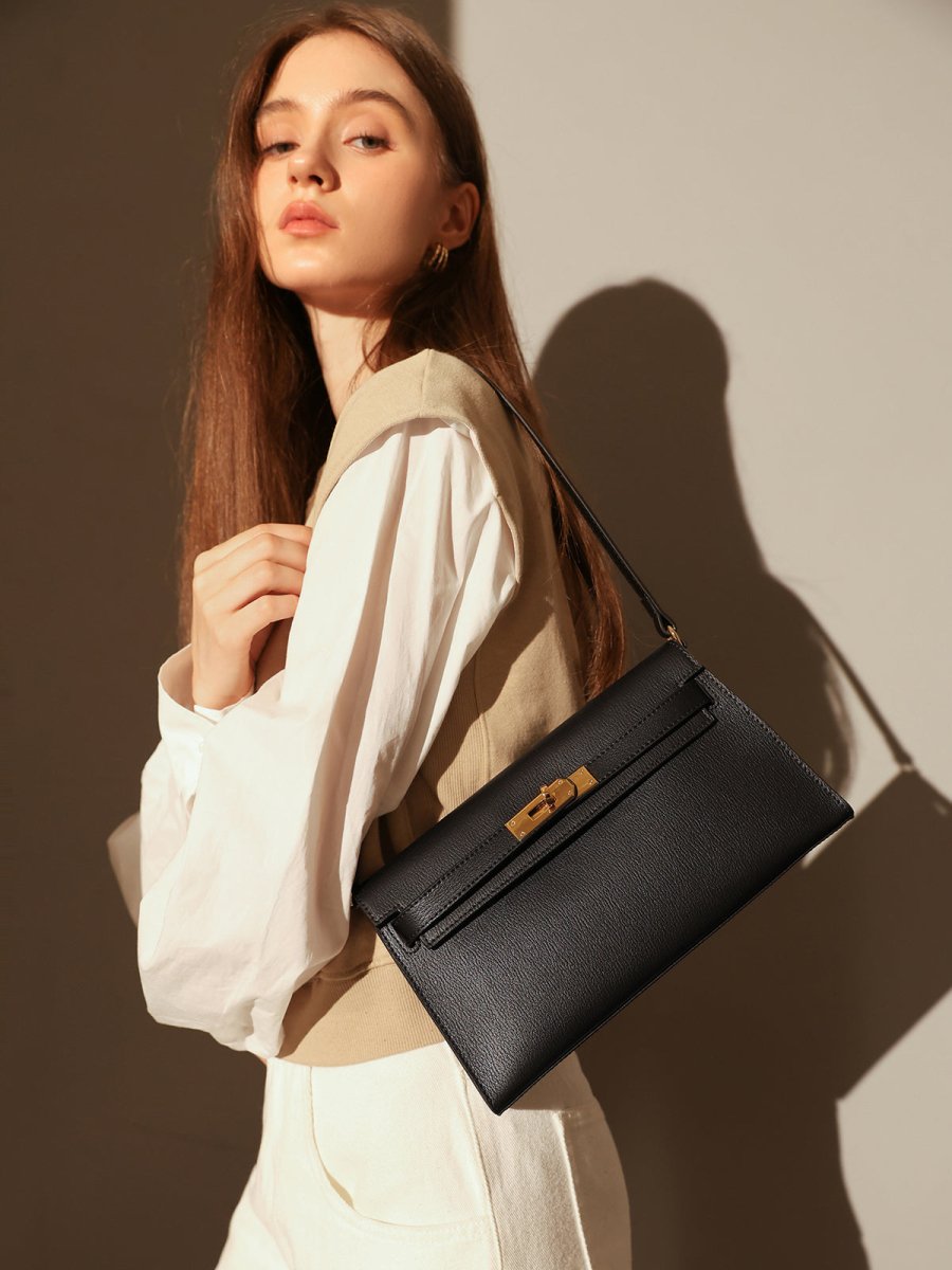 Camille Palm-Grain Calfskin Shoulder Bag – Structured Minimalist Handbag with Gold Twist-Lock Closure