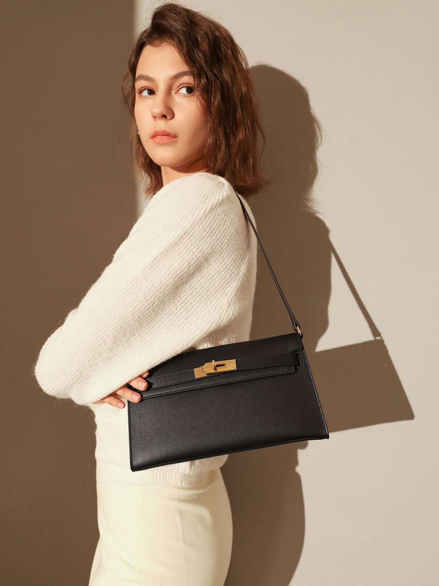 Camille Palm-Grain Calfskin Shoulder Bag – Structured Minimalist Handbag with Gold Twist-Lock Closure