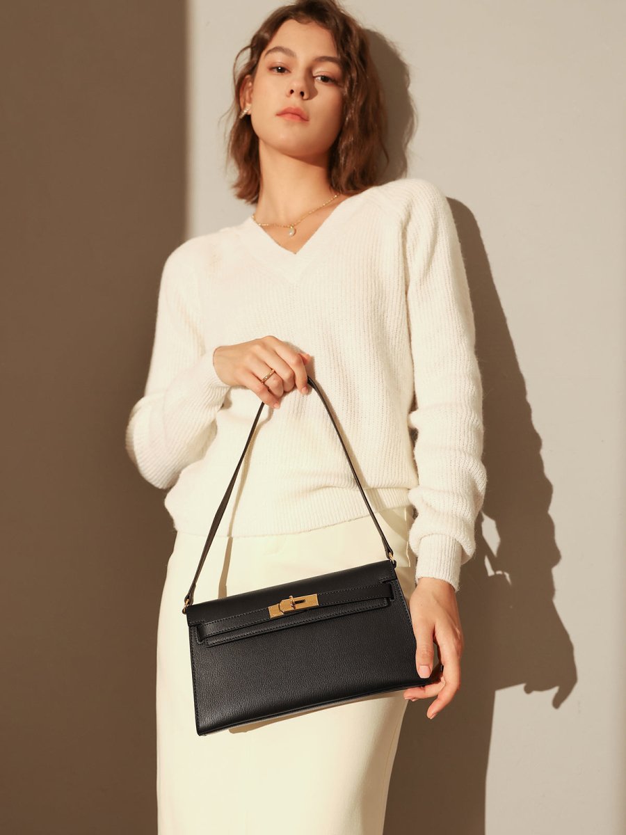 Camille Palm-Grain Calfskin Shoulder Bag – Structured Minimalist Handbag with Gold Twist-Lock Closure