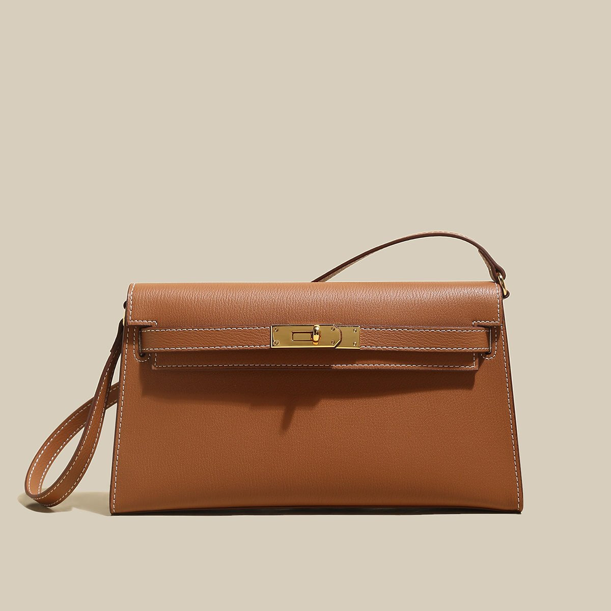 Camille Palm-Grain Calfskin Shoulder Bag – Structured Minimalist Handbag with Gold Twist-Lock Closure