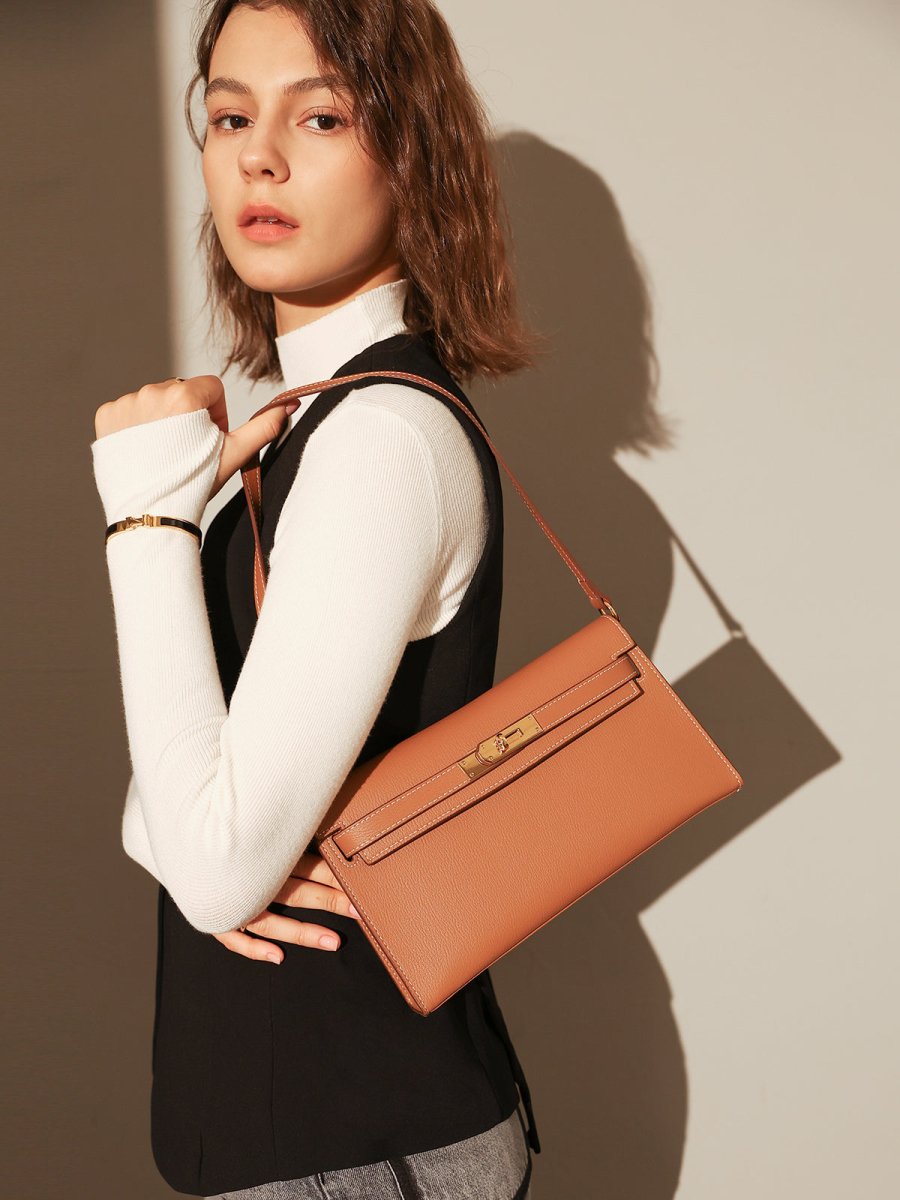 Camille Palm-Grain Calfskin Shoulder Bag – Structured Minimalist Handbag with Gold Twist-Lock Closure
