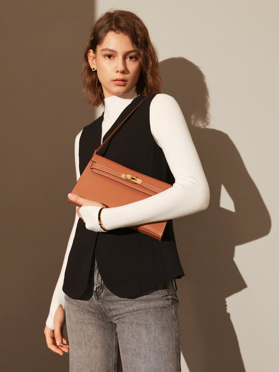Camille Palm-Grain Calfskin Shoulder Bag – Structured Minimalist Handbag with Gold Twist-Lock Closure
