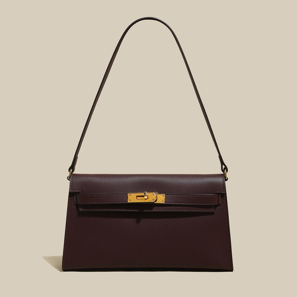 Camille Palm-Grain Calfskin Shoulder Bag – Structured Minimalist Handbag with Gold Twist-Lock Closure