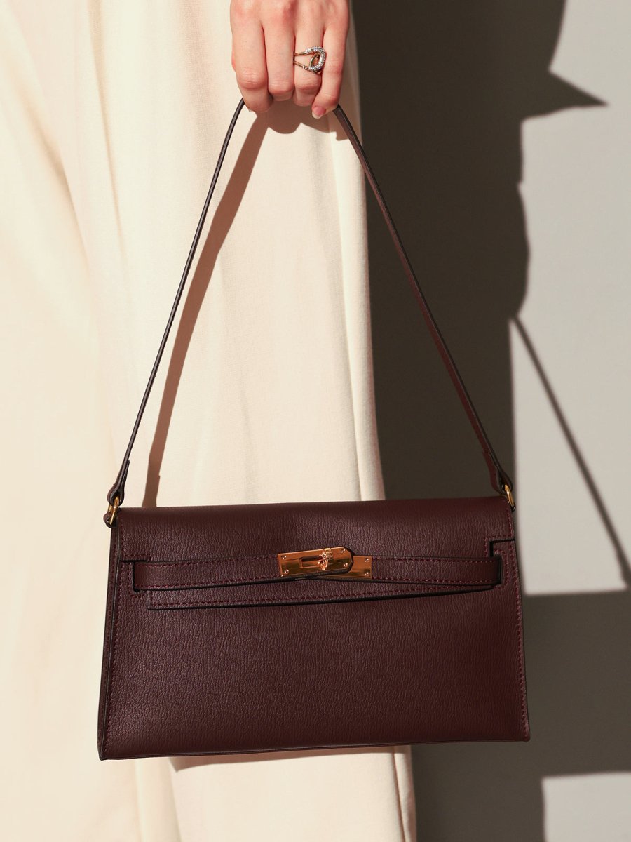 Camille Palm-Grain Calfskin Shoulder Bag – Structured Minimalist Handbag with Gold Twist-Lock Closure