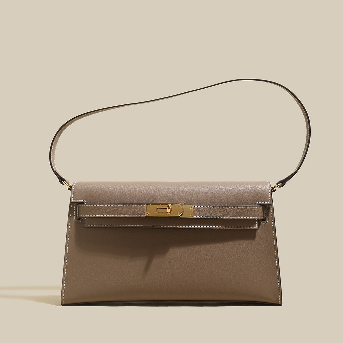 Camille Palm-Grain Calfskin Shoulder Bag – Structured Minimalist Handbag with Gold Twist-Lock Closure