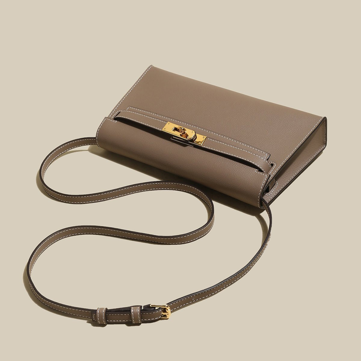 Camille Palm-Grain Calfskin Shoulder Bag – Structured Minimalist Handbag with Gold Twist-Lock Closure