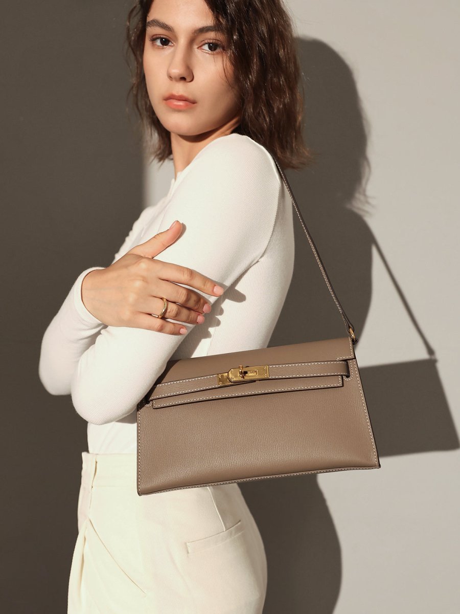 Camille Palm-Grain Calfskin Shoulder Bag – Structured Minimalist Handbag with Gold Twist-Lock Closure
