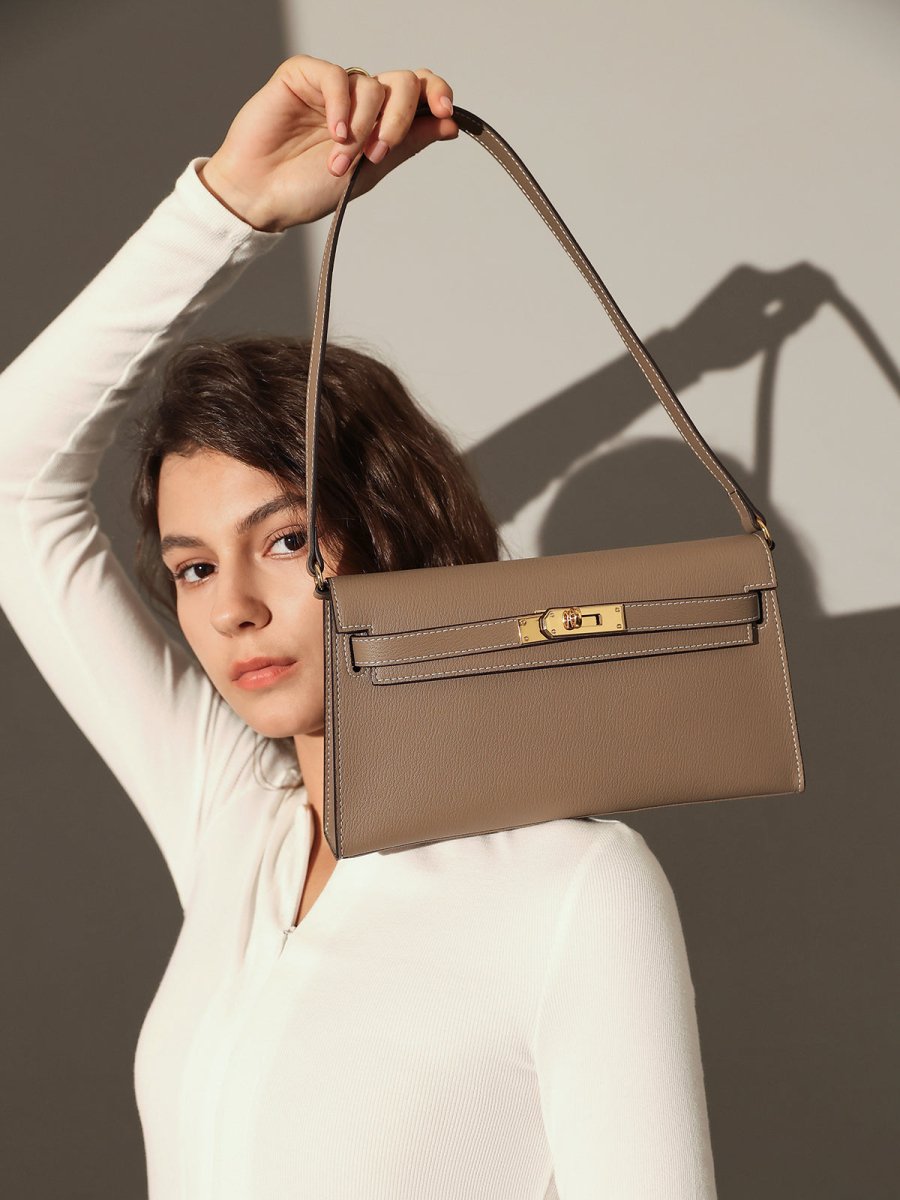 Camille Palm-Grain Calfskin Shoulder Bag – Structured Minimalist Handbag with Gold Twist-Lock Closure
