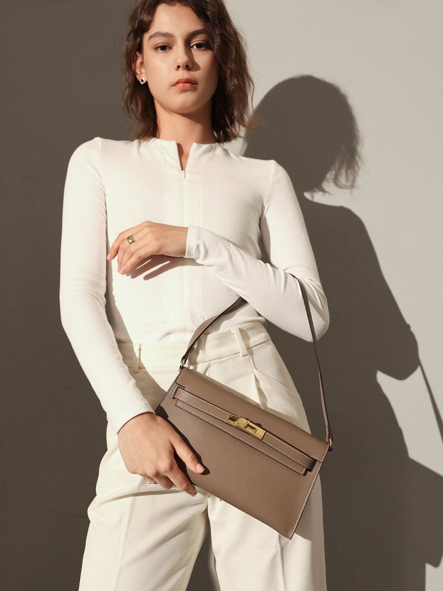 Camille Palm-Grain Calfskin Shoulder Bag – Structured Minimalist Handbag with Gold Twist-Lock Closure
