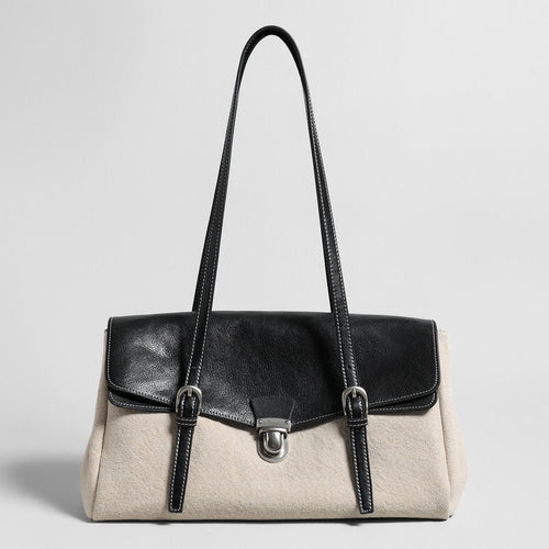 Canvas & Calfskin Leather Flap Tote Bag – Two-Tone Structured Satchel with Push-Lock Closure