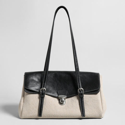 Canvas & Calfskin Leather Flap Tote Bag – Two-Tone Structured Satchel with Push-Lock Closure