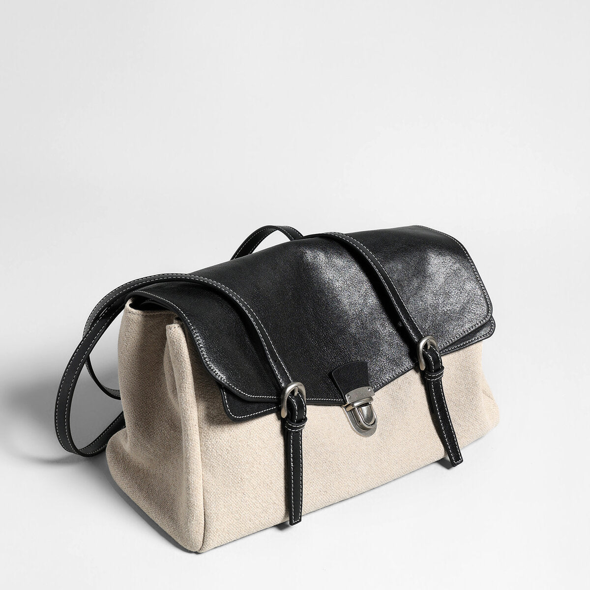 Canvas & Calfskin Leather Flap Tote Bag – Two-Tone Structured Satchel with Push-Lock Closure