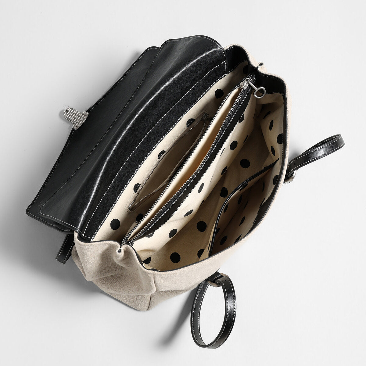 Canvas & Calfskin Leather Flap Tote Bag – Two-Tone Structured Satchel with Push-Lock Closure