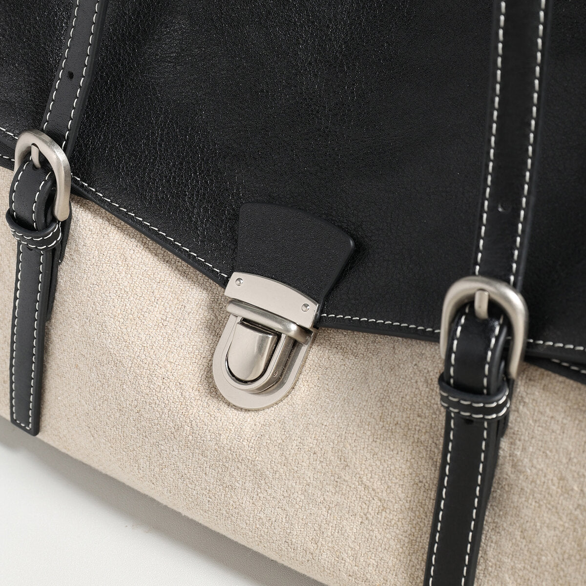 Canvas & Calfskin Leather Flap Tote Bag – Two-Tone Structured Satchel with Push-Lock Closure