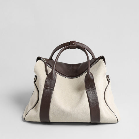 Canvas & Leather Curved-Top Satchel – Convertible Structured Shoulder Bag