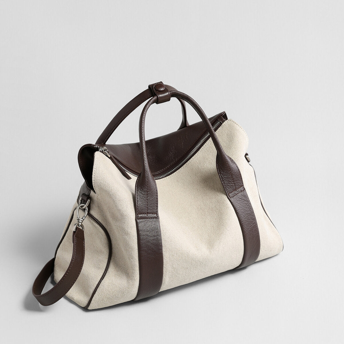 Canvas & Leather Curved-Top Satchel – Convertible Structured Shoulder Bag