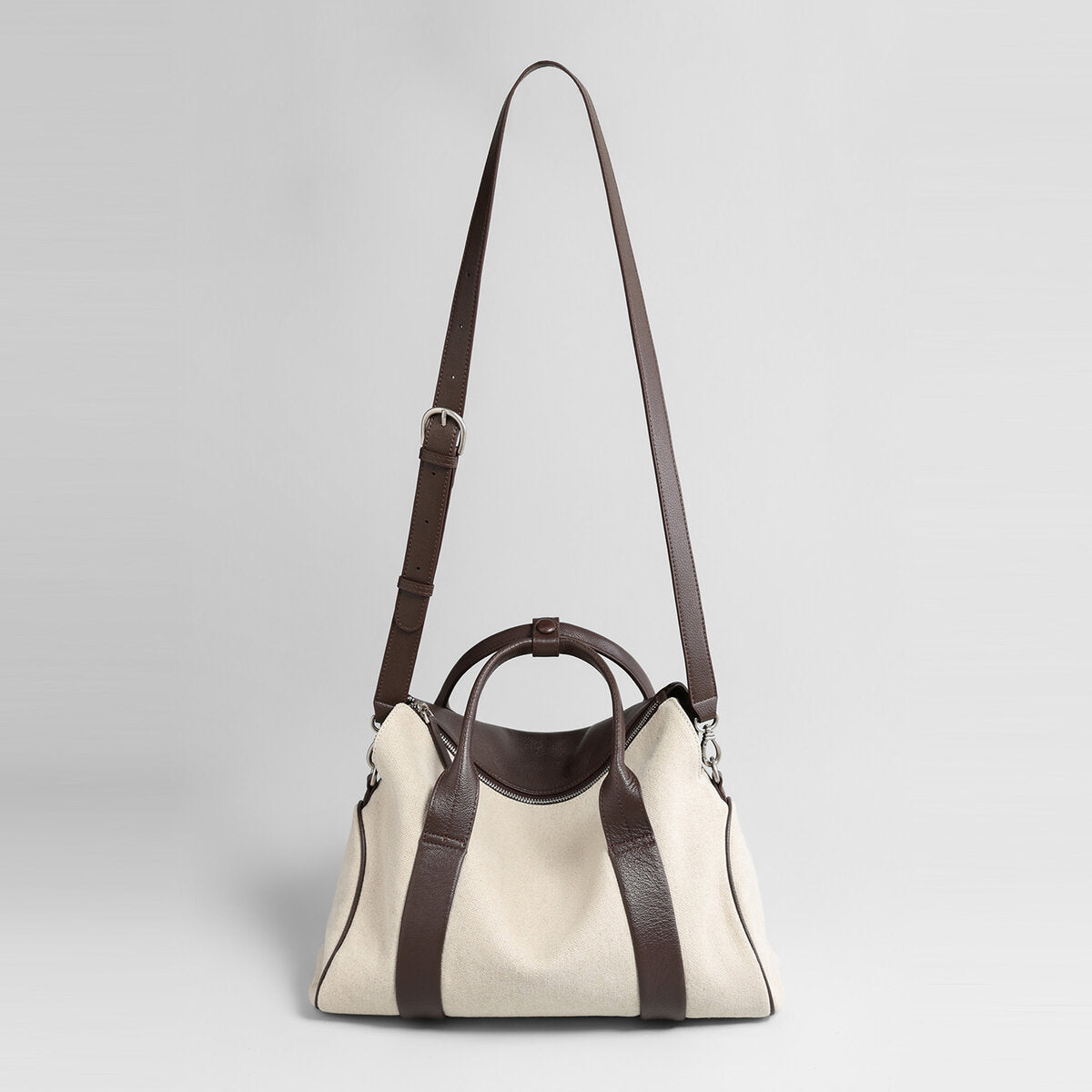 Canvas & Leather Curved-Top Satchel – Convertible Structured Shoulder Bag