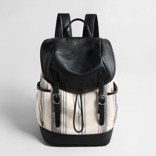 Canvas & Leather Drawstring Backpack – Large-Capacity Flap Daypack with Side Pockets