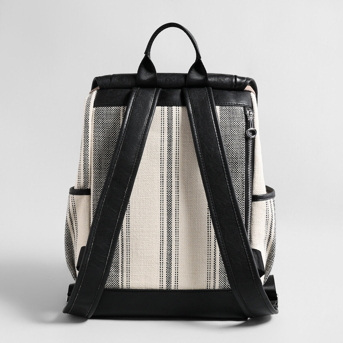Canvas & Leather Drawstring Backpack – Large-Capacity Flap Daypack with Side Pockets