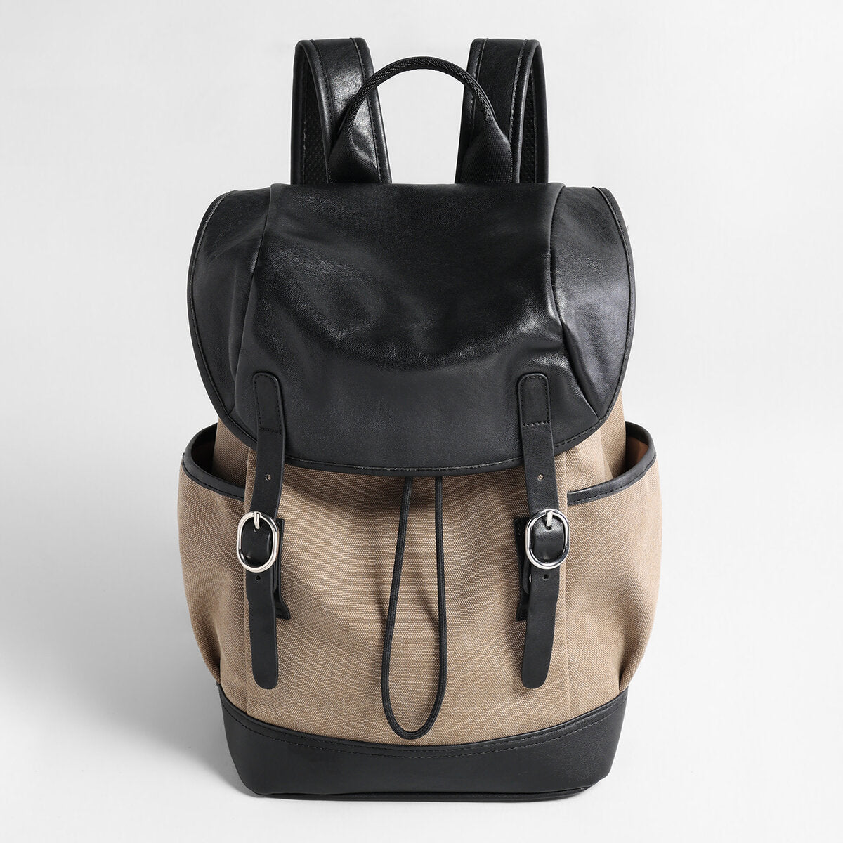 Canvas & Leather Drawstring Backpack – Large-Capacity Flap Daypack with Side Pockets