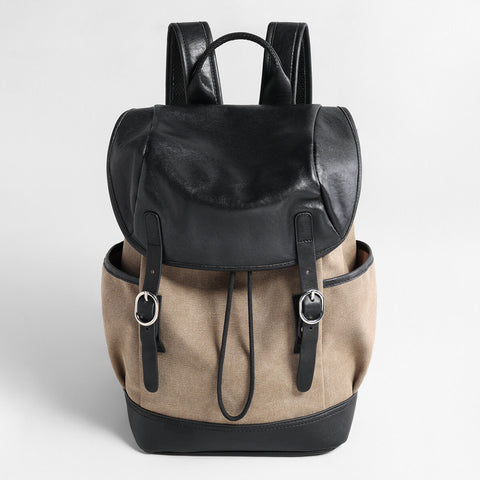 Canvas & Leather Drawstring Backpack – Large-Capacity Flap Daypack with Side Pockets