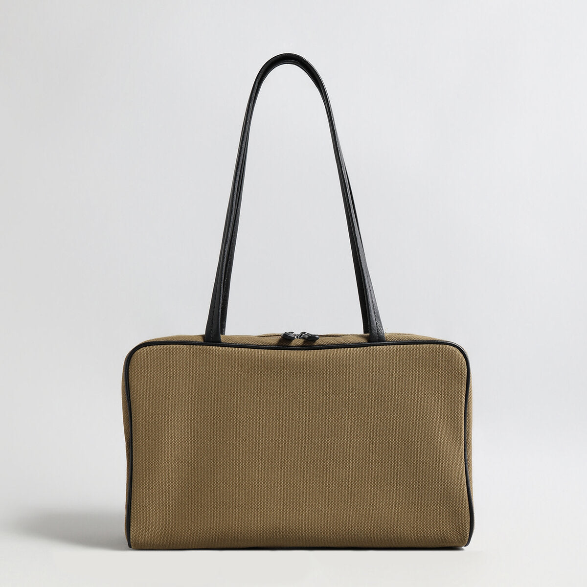Canvas & Sheepskin Leather Box Tote Bag – Structured Carryall with Leather Piping & Double Shoulder Straps