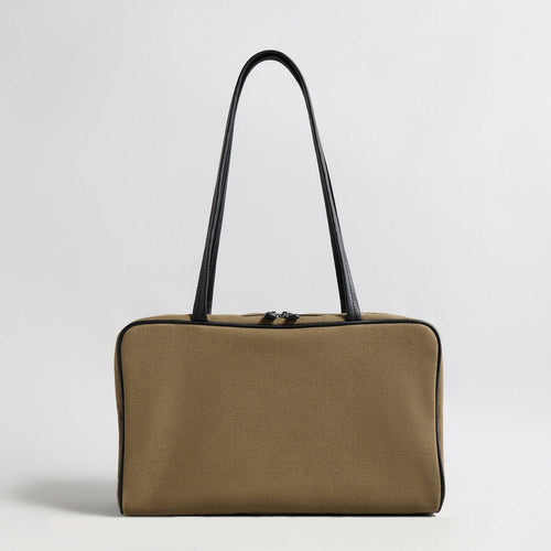Canvas & Sheepskin Leather Box Tote Bag – Structured Carryall with Leather Piping & Double Shoulder Straps