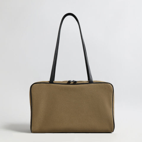 Canvas & Sheepskin Leather Box Tote Bag – Structured Carryall with Leather Piping & Double Shoulder Straps