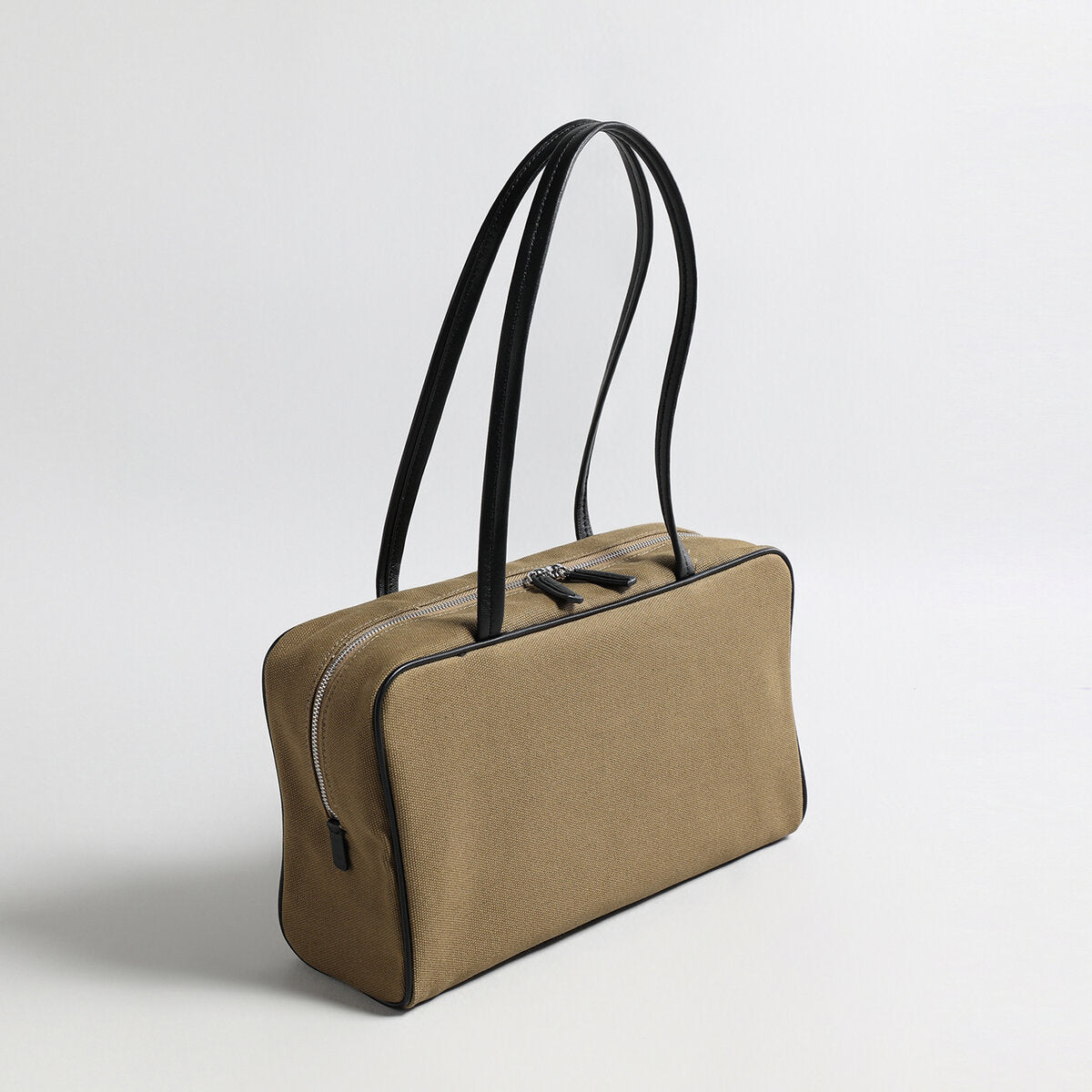Canvas & Sheepskin Leather Box Tote Bag – Structured Carryall with Leather Piping & Double Shoulder Straps