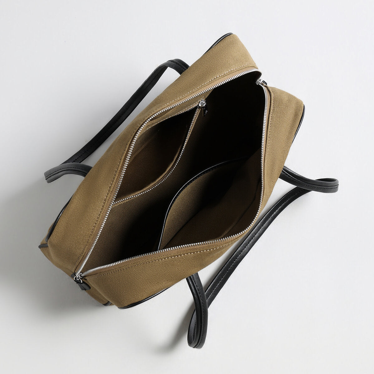 Canvas & Sheepskin Leather Box Tote Bag – Structured Carryall with Leather Piping & Double Shoulder Straps
