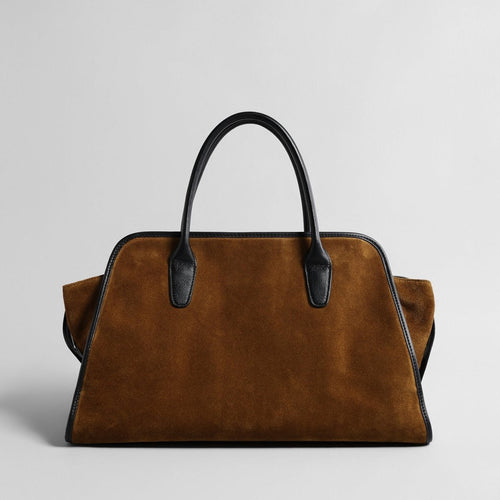 Vintage Caramel Velvet Tote Bag – Leather-Trim Structured Shoulder Bag